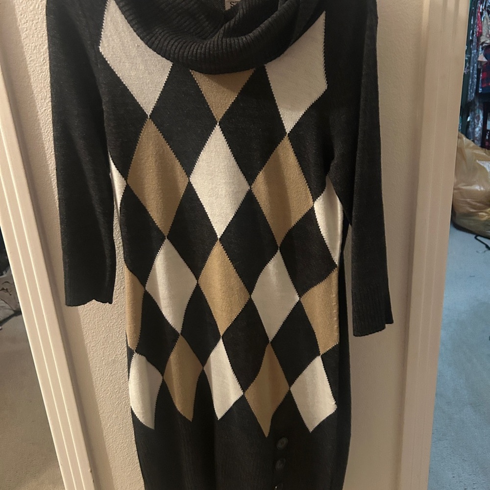 Black, Cream & Tan Argyle Cowl Neck Women's Sweater Dress